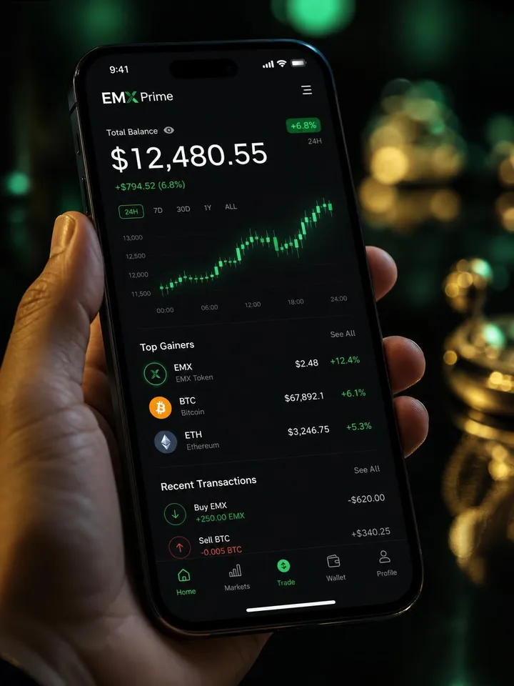 EMX Prime dashboard with live balance and chart
