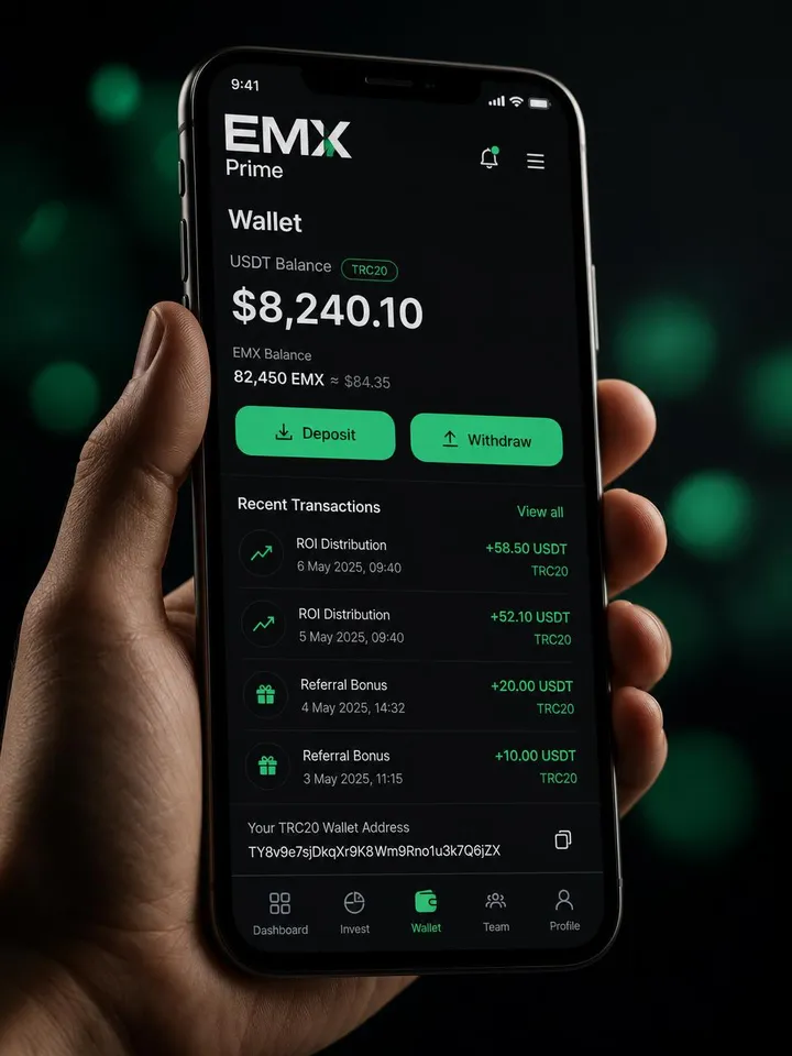 EMX Prime wallet screen with ERC20 & BEP20 deposits